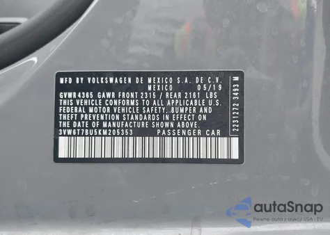 2019 Volkswagen Jetta Gli 2.0T 35Th Anniversary Edition/2.0T Autobahn/2.0T S из США, поврежденный, VIN 3VW6T7BU5KM205353